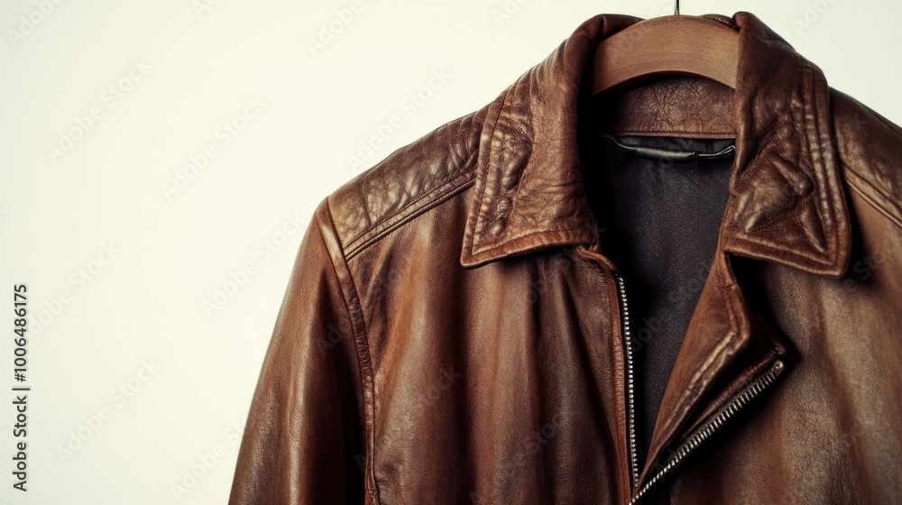 A classic brown leather men, neatly hung against a white background, perfect for capturing timeless rugged elegance A classic brown leather men, neatly hung against a white background, perfect for capturing timeless rugged elegance