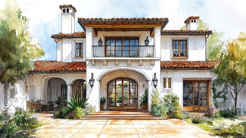 Elegant Mediterranean-style home with lush landscaping.