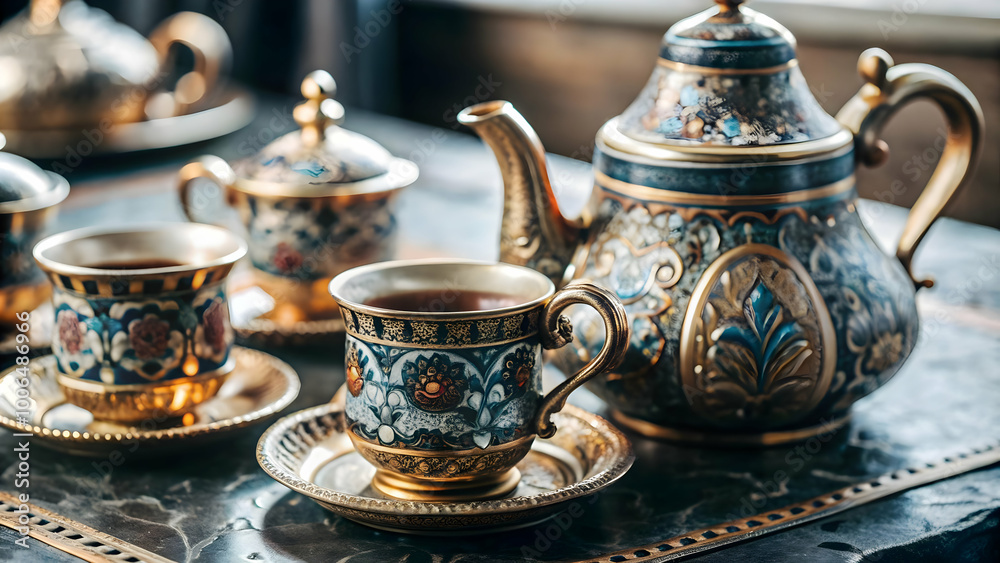 Close Up of Intricate Persian Tea Set: Macro Shot Highlighting Traditional Teapot and Cups' Designs and Textures in Photo Stock Concept Close Up of Intricate Persian Tea Set: Macro Shot Highlighting Traditional Teapot and Cups' Designs and Textures in Photo Stock Concept