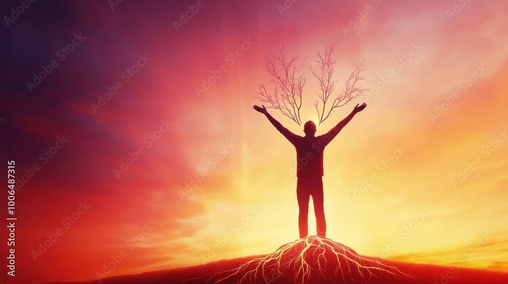 Growing Roots, Reaching Sky: A person standing with roots extending into the ground and hands reaching toward a glowing sky Growing Roots, Reaching Sky: A person standing with roots extending into the ground and hands reaching toward a glowing sky