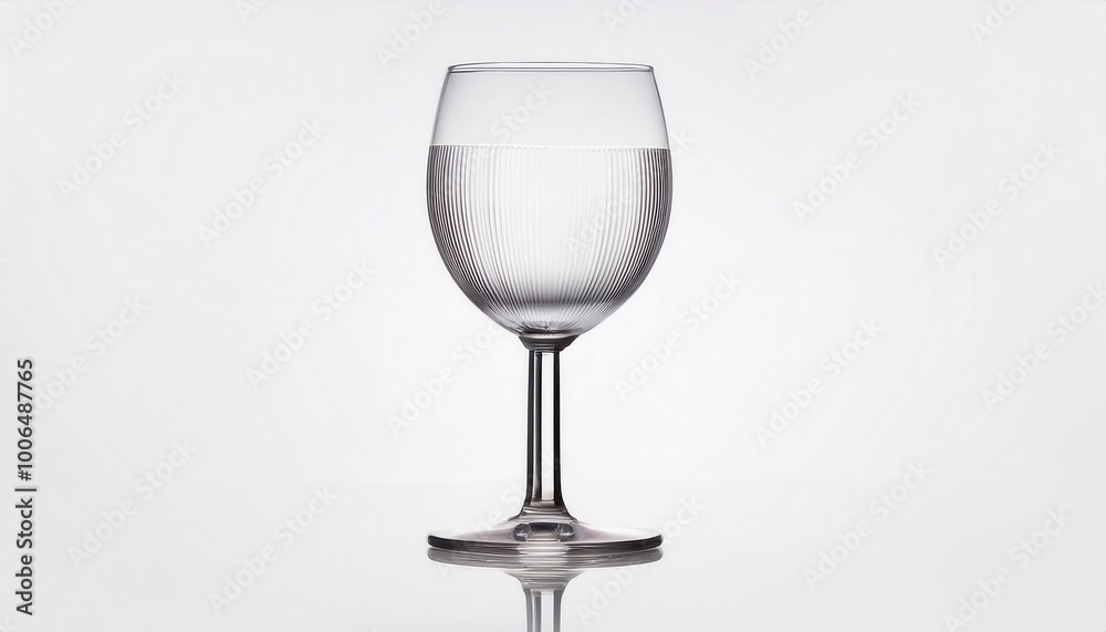 Elegant Crystal Wine Glass Half Filled with Clear Water, Featuring Subtle Vertical Grooves, Reflected on a Polished Surface Against a Minimalist White Background Elegant Crystal Wine Glass Half Filled with Clear Water, Featuring Subtle Vertical Grooves, Reflected on a Polished Surface Against a Minimalist White Background