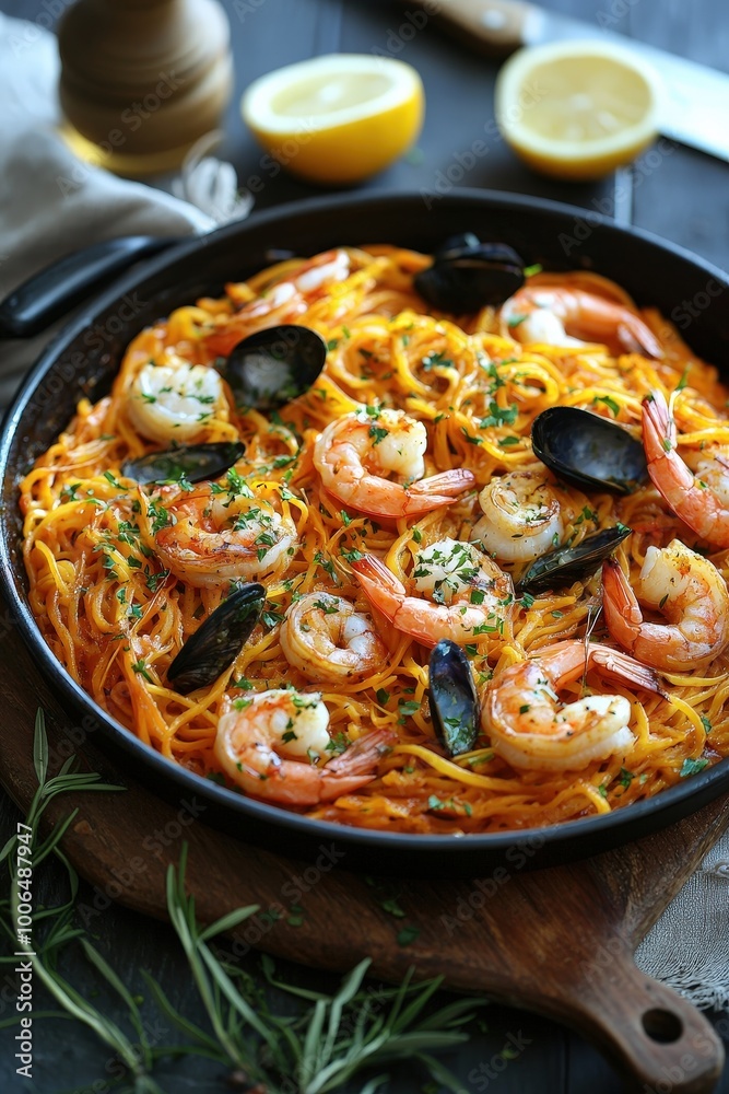 Fideuà: Valencian seafood dish similar to paella, but with noodles. Fideuà: Valencian seafood dish similar to paella, but with noodles.