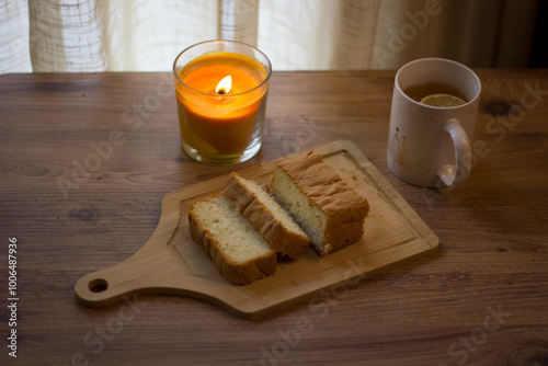 cake with lemon tea. Autumn evening.