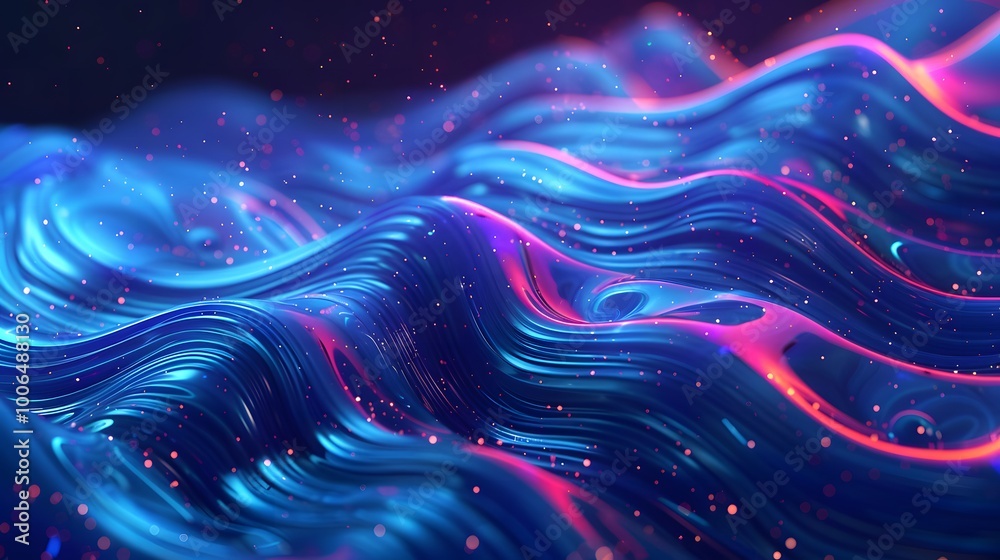 Abstract blue and pink wavy background with glowing particles.