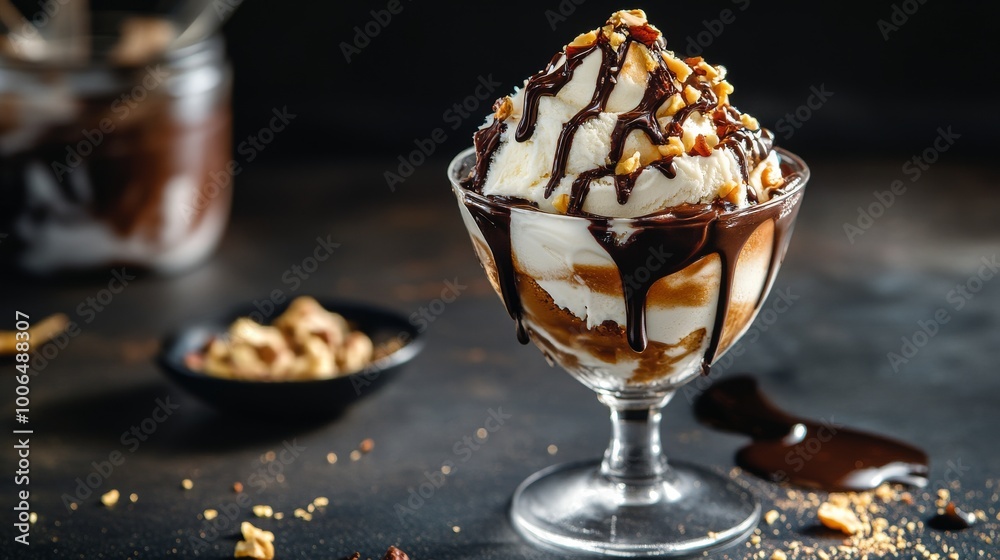 Delicious ice cream dessert dripping with chocolate sauce and nuts Delicious ice cream dessert dripping with chocolate sauce and nuts