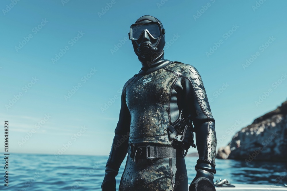 Fototapeta premium A Diver in Full Gear Stands on a Boat Deck, Ready for the Ocean