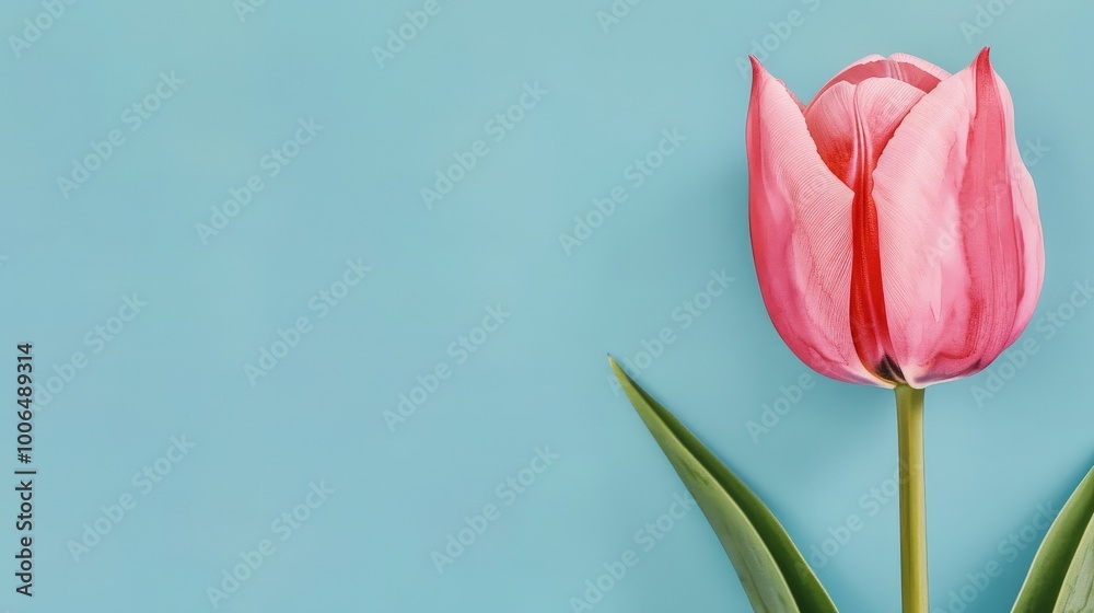 Elegant pink tulip blooms on a soft pastel blue backdrop, perfect for greeting cards and social media use, featuring ample space for personalized text and designs. Elegant pink tulip blooms on a soft pastel blue backdrop, perfect for greeting cards and social media use, featuring ample space for personalized text and designs.