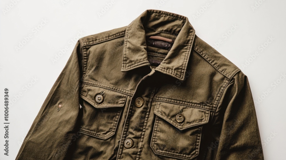 Naklejka premium A classic olive green men's utility jacket, displayed prominently against a clean white background, perfect for rugged outdoor fashion