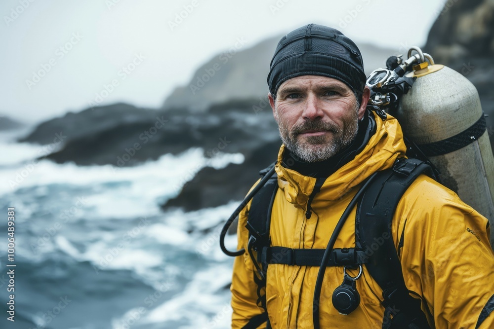 A Diver with Scuba Gear Stands by the Ocean A Diver with Scuba Gear Stands by the Ocean