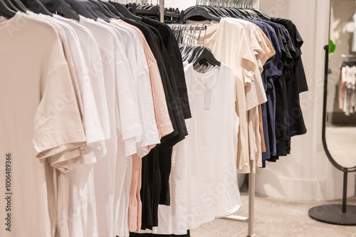 Various t-shirts in neutral colors on hangers in retail clothing store.