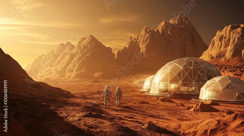A colony of humans living on Mars, with domes and greenhouses visible on the surface.