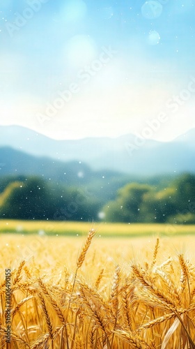 Autumn Serenity, A captivating poster showcasing a serene mountain landscape with light rain, yellowing wheat in the foreground, and an exquisite atmosphere enhanced by soft sunshine and smoke.