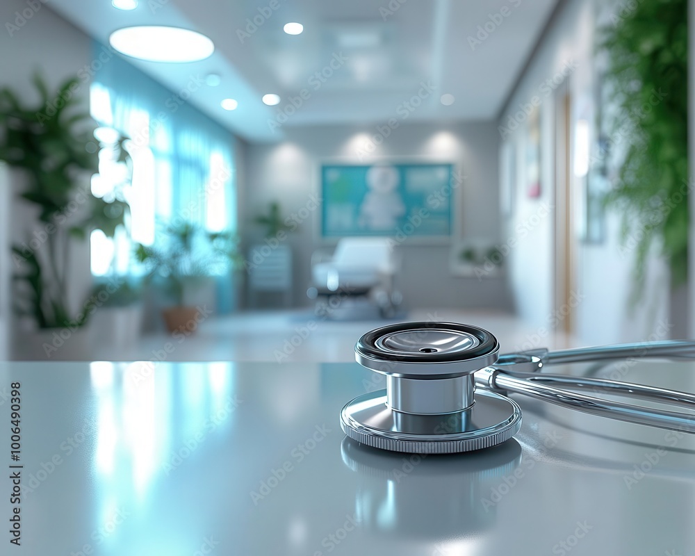 Health checkup in a modern clinic, vibrant medical equipment, soft lighting, neutral tones, photo-realistic Health checkup in a modern clinic, vibrant medical equipment, soft lighting, neutral tones, photo-realistic