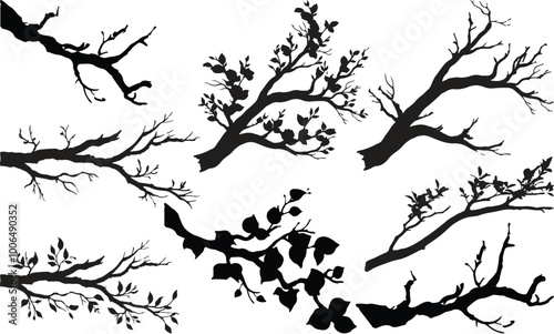 A set of vector black tree branches with and without leaves on a white background, tree branch silhouettes set isolated on white, bare branches vector illustrations  