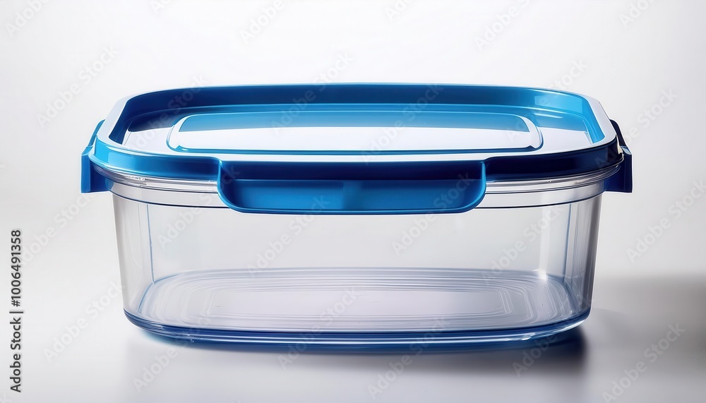 Clear Rectangular Plastic Food Storage Container with Blue Snap Lock Lid, Ideal for Meal Prep, Leftovers, and Pantry Organization on a White Background. Airtight, BPA-Free, and Stackable Design Clear Rectangular Plastic Food Storage Container with Blue Snap Lock Lid, Ideal for Meal Prep, Leftovers, and Pantry Organization on a White Background. Airtight, BPA-Free, and Stackable Design