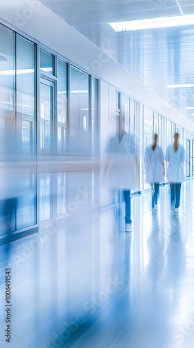 A blurred background of medical staff walking in the hospital corridor, with doctors and nurses wearing scrubs, creating an atmosphere of action