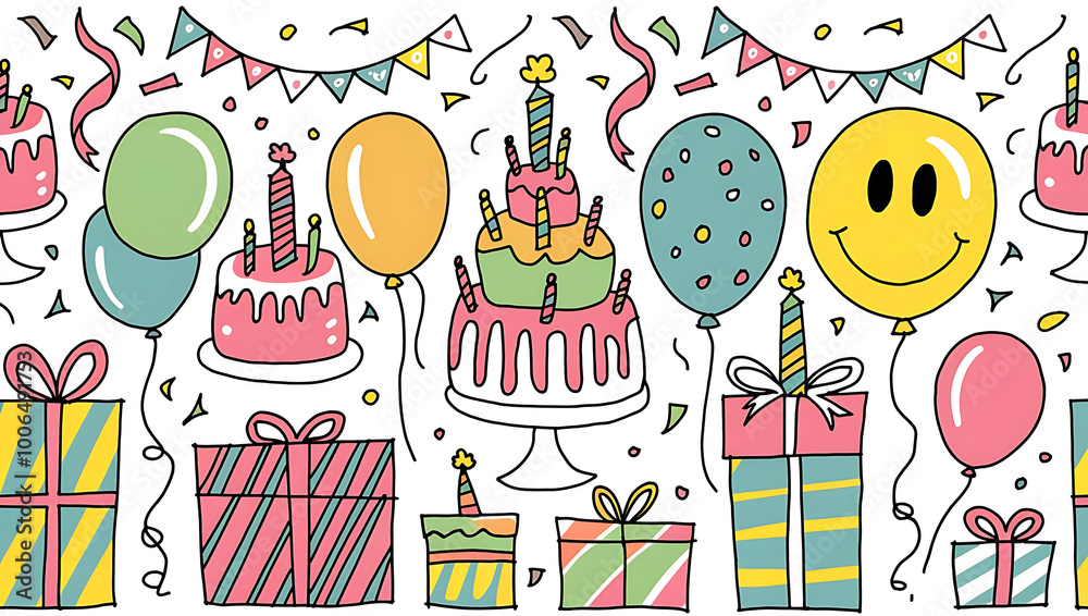 Fun Hand-Drawn Party Background Seamless Vector style Design with Cakes, Balloons Gift Boxes
