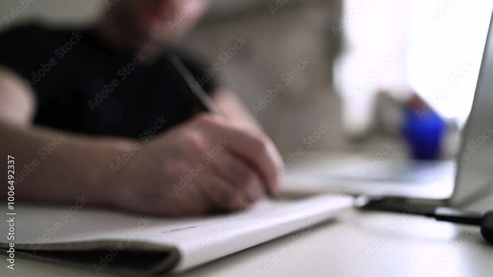 Man journaling thoughts into notebook Man journaling thoughts into notebook