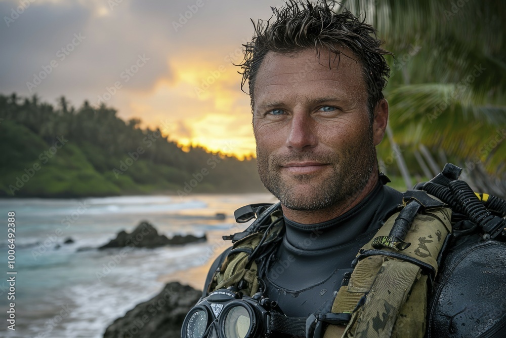 Fototapeta premium Portrait of a Scuba Diver Against a Sunset Beach Background