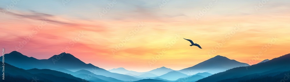 Naklejka premium Distant mountains bathed in the warm glow of a sunset, with soft clouds scattering across the sky, offering a view of pure natural serenity