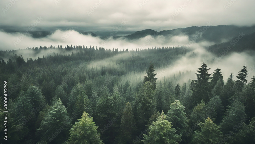 Misty forest landscape seen from above, with dense fir trees stretching ...