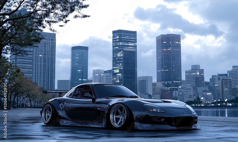 Black Sports Car Parked In Front of City Skyline Black Sports Car Parked In Front of City Skyline