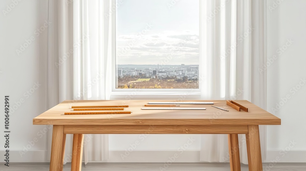 Fototapeta premium Drafting desk by a window, tools and rulers neatly placed, sunlight filtering in through sheer curtains