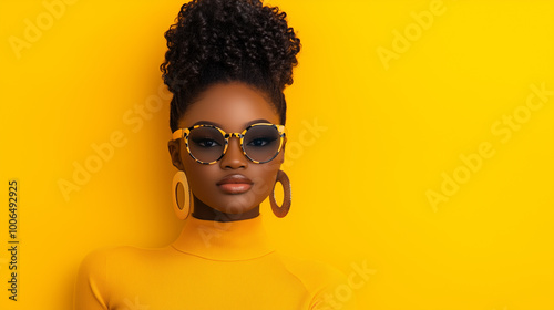 stylish woman with curly hair wearing sunglasses and hoop earrings against vibrant yellow background.