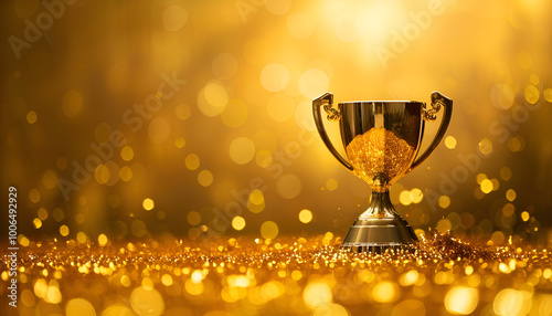 1st champion award, the best prize and winner concept, championship cup or winner trophy on golden floor with bokeh background