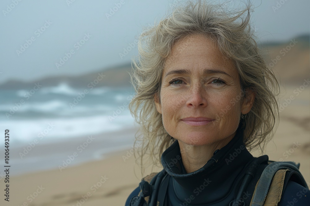 Close-up Portrait of a Woman in a Wetsuit on a Beach Close-up Portrait of a Woman in a Wetsuit on a Beach