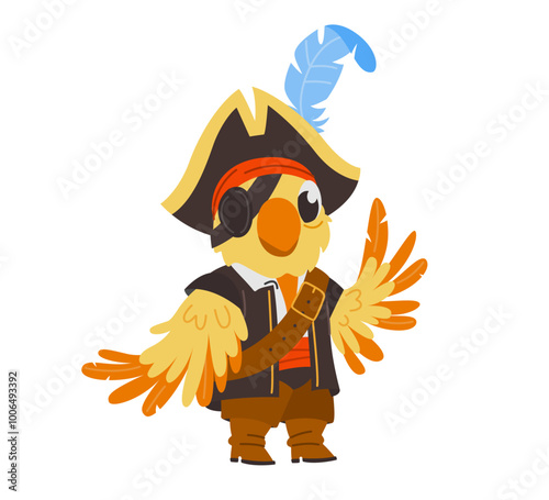 Cartoon pirate parrot with eyepatch and feathered hat