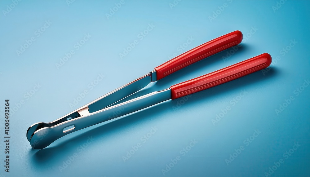 Stainless Steel Kitchen Tongs with Red Rubber Grips on a Smooth Blue Surface, Highlighting Ergonomic Design and Cooking Utility Stainless Steel Kitchen Tongs with Red Rubber Grips on a Smooth Blue Surface, Highlighting Ergonomic Design and Cooking Utility