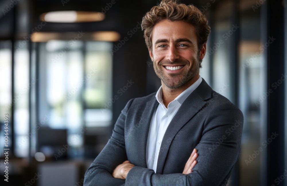 Confident Young Professional Smiling in a Modern Corporate Office Setting Confident Young Professional Smiling in a Modern Corporate Office Setting