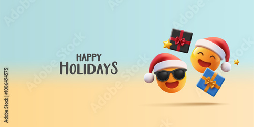 Funny 3D Emoji in Christmas hats with gifts. Happy holidays. Merry Christmas. Happy New Year. Banner for greetings and promotional Christmas concepts. Vector illustration.