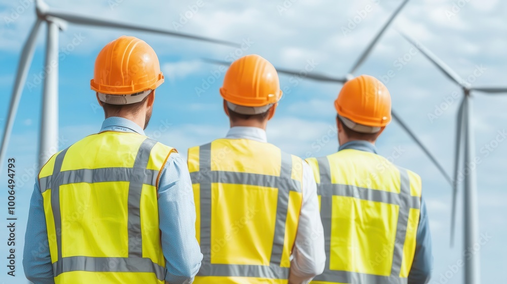 Workers in safety gear observe wind turbines against a clear sky, symbolizing renewable energy and sustainable practices.
