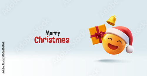 Merry Christmas 3D funny Emoji character in Christmas hat, gift, bell. Banner for advertising discounts, sales, and Merry Christmas celebration. Vector illustration.