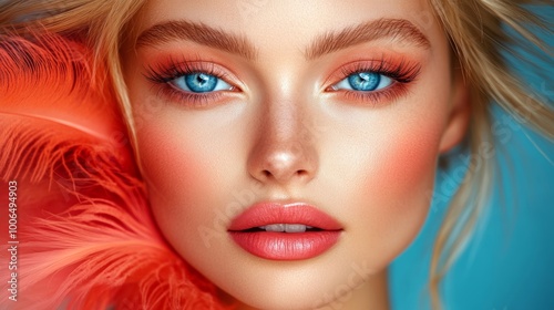 A vibrant close-up portrait of a blonde woman with glowing skin and bright blue eyes, enhanced by a soft coral feather accent.