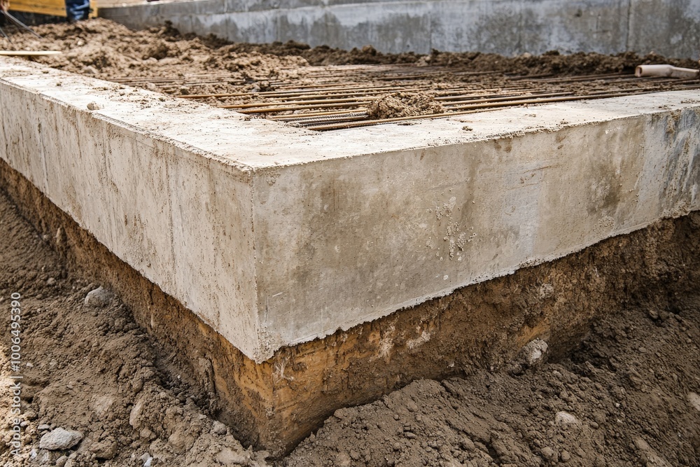Concrete Foundation Construction: Zigzag Pattern at Building Site with Rebar Support Concrete Foundation Construction: Zigzag Pattern at Building Site with Rebar Support