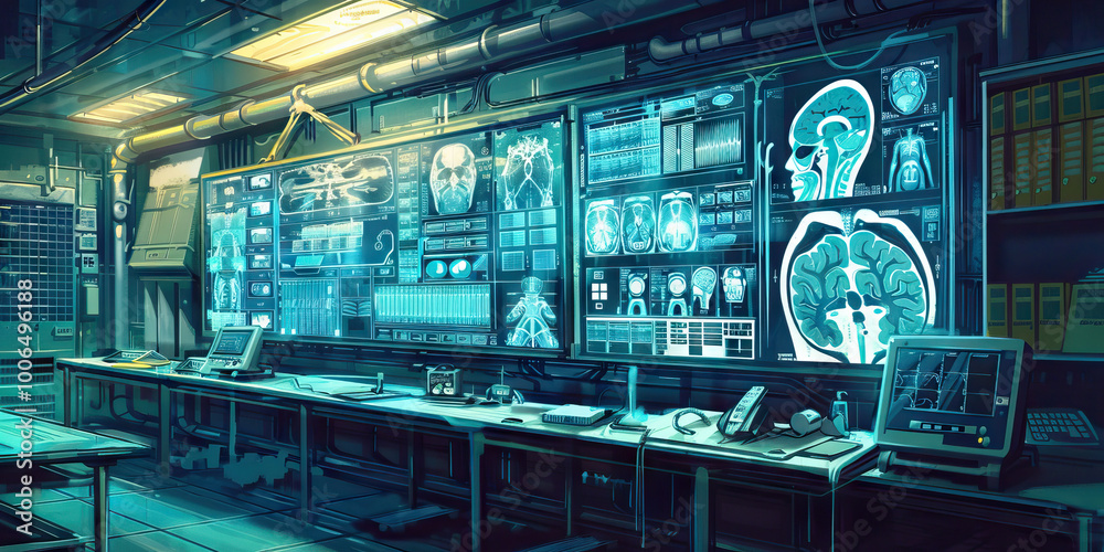 Radiology Department Wall: Covered in imaging technology diagrams, radiation safety protocols, and a board with imaging schedules Radiology Department Wall: Covered in imaging technology diagrams, radiation safety protocols, and a board with imaging schedules