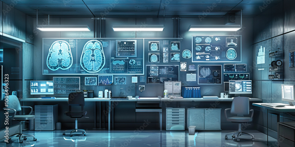 Radiology Department Wall: Covered in imaging technology diagrams, radiation safety protocols, and a board with imaging schedules