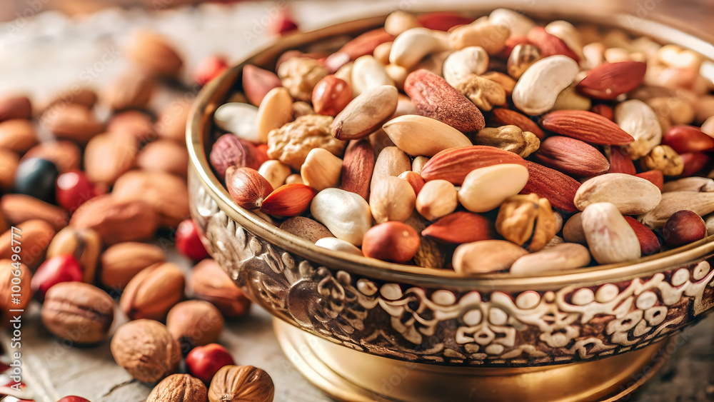 Close-Up Macro Shot of Assorted Nuts in a Decorative Bowl Highlighting Rich Textures and Vibrant Colors for Photo Stock Concepts Close-Up Macro Shot of Assorted Nuts in a Decorative Bowl Highlighting Rich Textures and Vibrant Colors for Photo Stock Concepts
