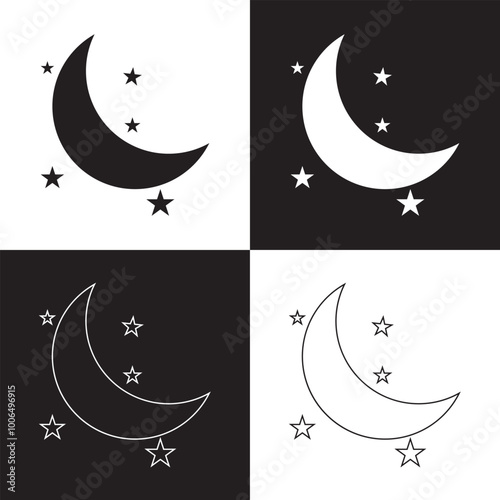 Sleep time night mode simple icon set, nighttime bedtime black white pictogram shape silhouette, do not disturb silence status moon crescent with clock symbol glyph image . Vector illustration .EPS 10