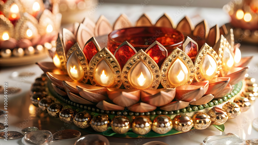 Naklejka premium 3D Loy Krathong with Glowing Gems - Sparkling Festive Icon Isolated on White Background, Celebrating Thai Festival