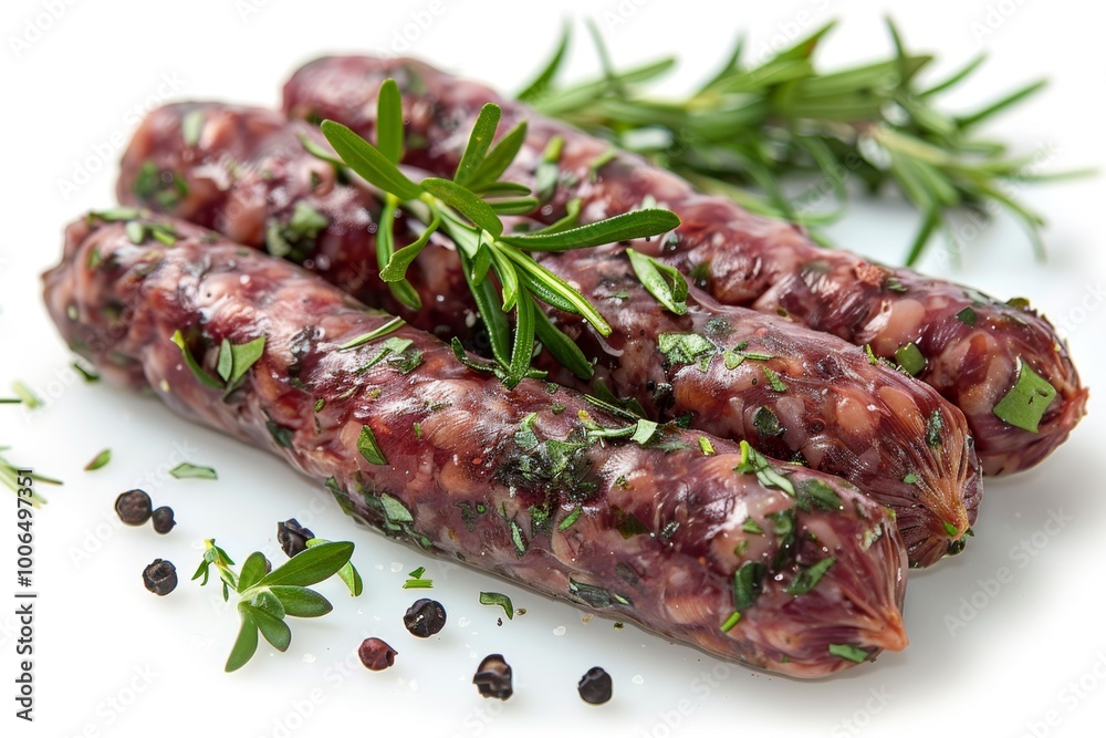Italian sausage with herbs and spices on white background Italian sausage with herbs and spices on white background