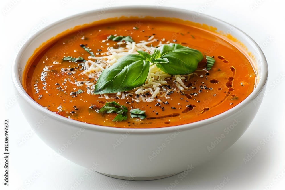 A bowl of creamy tomato basil soup on white background A bowl of creamy tomato basil soup on white background