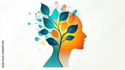 Wallpaper Mural Mind in Bloom: A human head with a plant growing from within, the plant, leaves forming abstract symbols of creativity and learning Torontodigital.ca