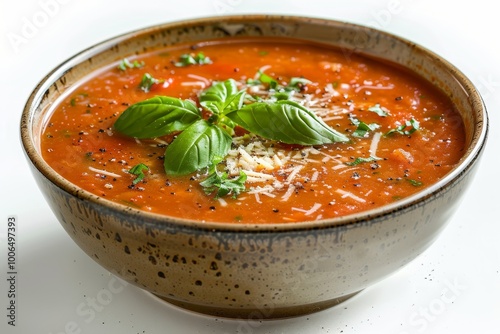 A bowl of creamy tomato basil soup on white background