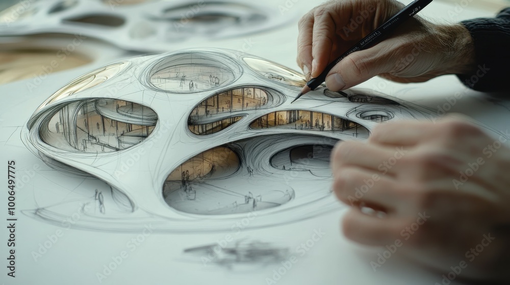 High-definition professional photo of a close-up hand-drawn sketch featuring conceptual designs of a futuristic building. The fine pencil work and shading create depth, with the architect hands High-definition professional photo of a close-up hand-drawn sketch featuring conceptual designs of a futuristic building. The fine pencil work and shading create depth, with the architect hands