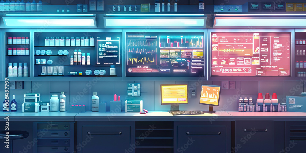 Pharmacy Wall: Adorned with medication dispensing guidelines, drug interaction charts, and a board with prescription orders Pharmacy Wall: Adorned with medication dispensing guidelines, drug interaction charts, and a board with prescription orders