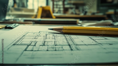 Realistic close-up of freehand architectural designs in progress, with a focus on the pencil and the sketch detailed floor plans. The high-definition image shows the architectural workspace,